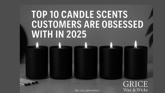 Five black luxury candles with flames lit, displayed in a row beneath bold white text reading “Top 10 Candle Scents Customers Are Obsessed With In 2025.” GRICE Wax & Wicks branding appears at the bottom.