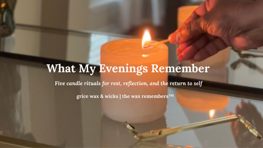 Lit coconut soy candle in a dimly lit room, creating a calm evening ritual atmosphere for wellness and rest.