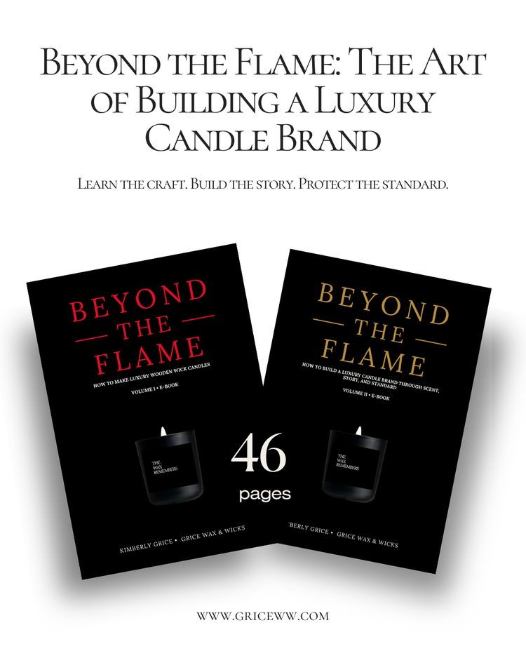 Beyond the Flame Volume I e-book by Kimberly Grice, a digital guide to luxury candle making, storytelling, and building a high-end candle brand.