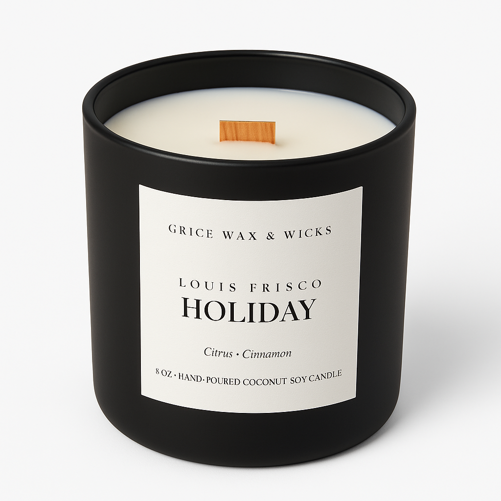 Black candle with a white label on a white background. LOUIS FRISCO HOLIDAY scented candle
