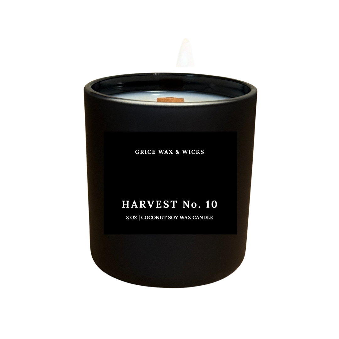 Black candle with 'Grice Wax & Wicks' label on a white background