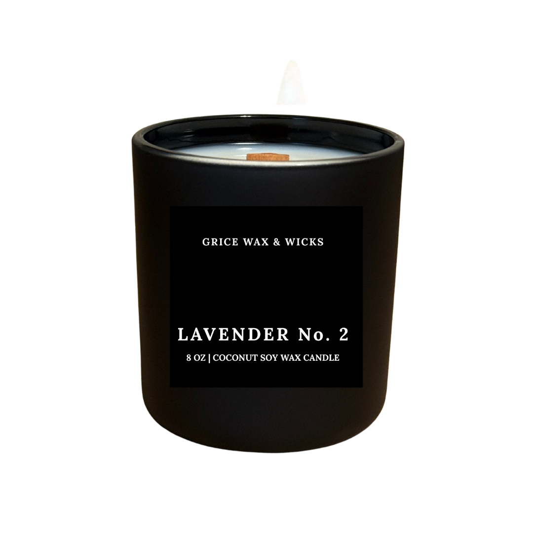 Black candle with 'Grice Wax & Wicks' branding and 'Lavender No. 2' label on a white background