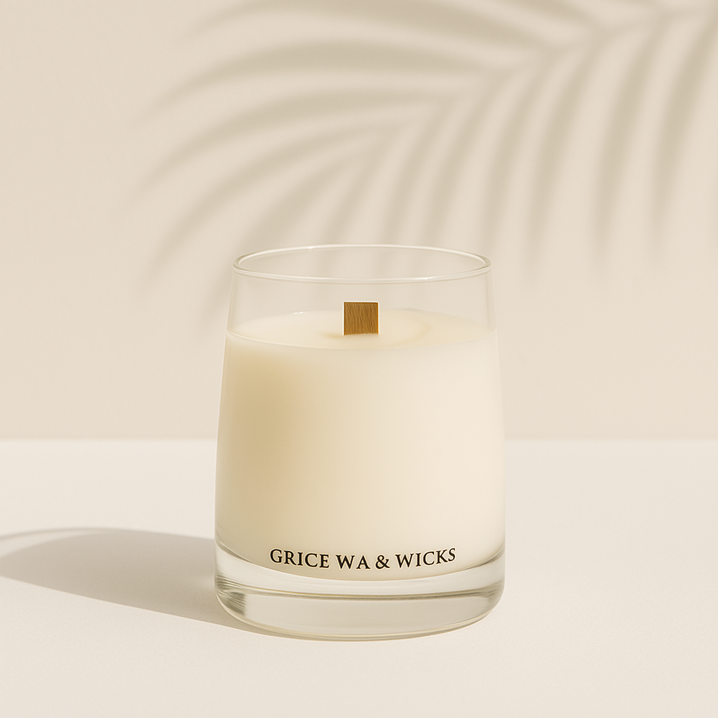Candle labeled ‘marais’ with sea salt, amber, and tonka bean notes, styled with watery textures and golden tones to suggest coastal calm and elegance.