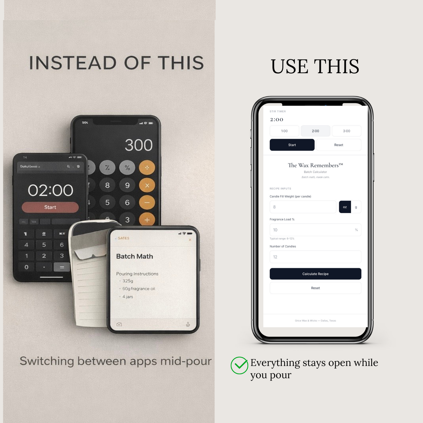 Comparison of switching between apps mid-pour with using a single app for better user experience.