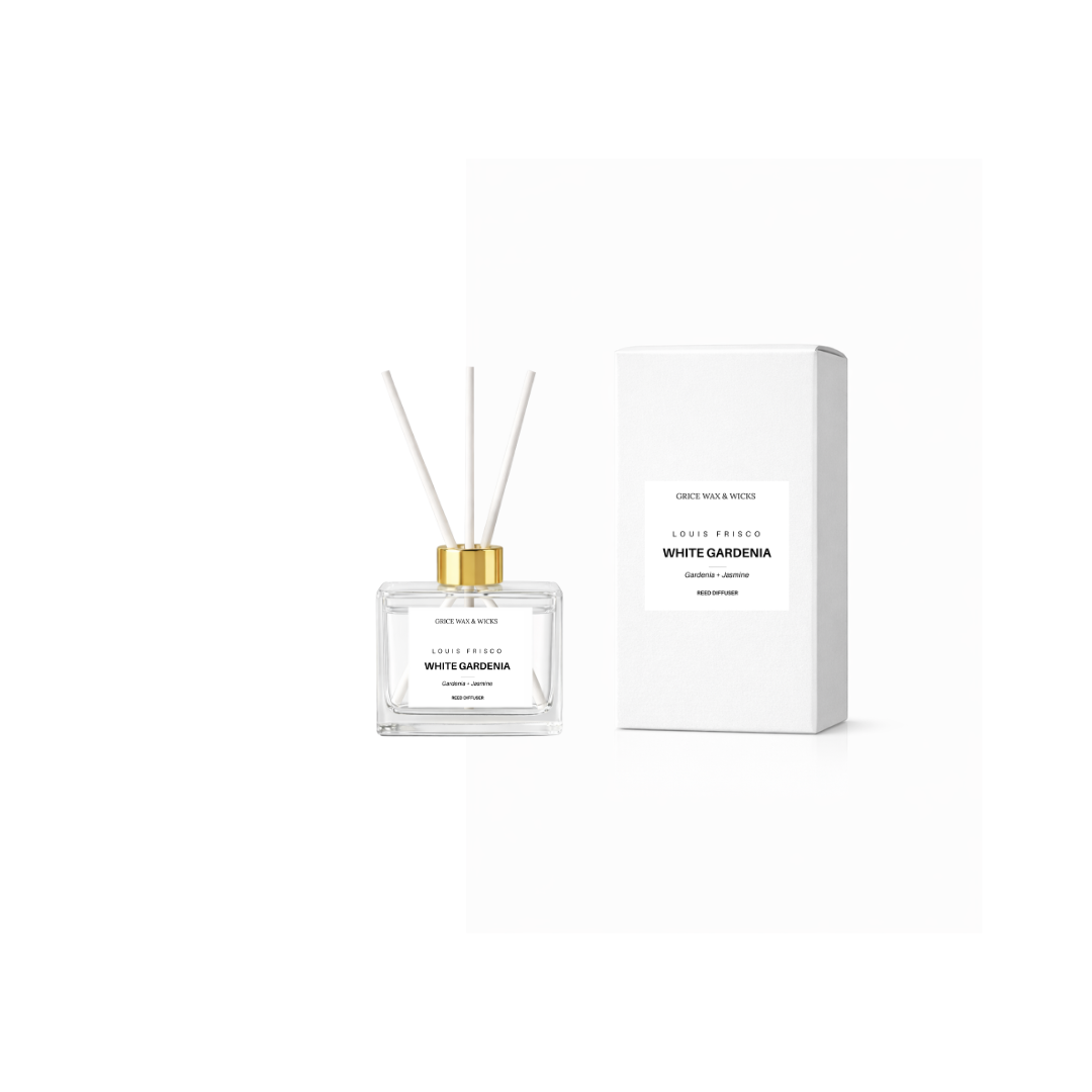 White Gardenia diffuser bottle and packaging on a white background