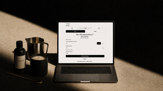 The Wax Remembers™ Batch Calculator + Stir Timer by GRICE Wax & Wicks to calculate wax, fragrance oil, jar count, and stirring time before your next pour.