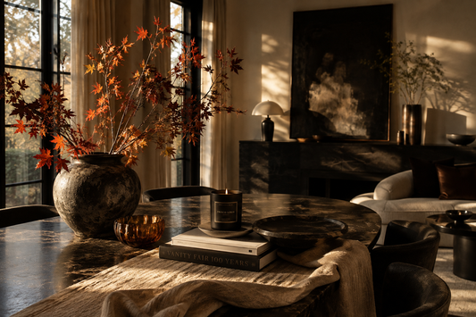 Elegant living room with warm autumn sunlight and modern luxury décor, capturing the atmosphere of fall