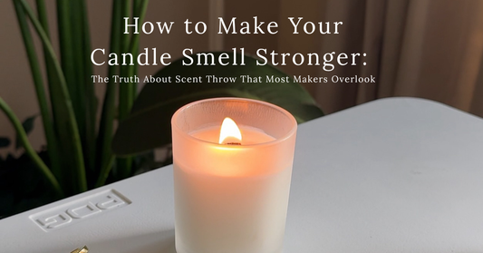 A softly glowing coconut-soy candle in a white glass jar with a wooden wick, featured in the Grice Wax & Wicks blog titled “How to Make Your Candle Smell Stronger: The Truth About Scent Throw That Most Makers Overlook.
