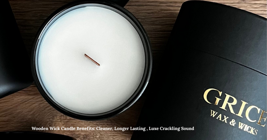 Luxury coconut soy candle with wooden wick in black matte jar by Grice Wax & Wicks, offering cleaner burn, longer life, and soothing crackle.