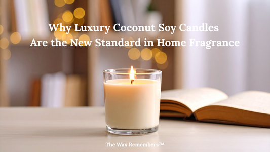 Luxury coconut soy candle on a cozy desk beside an open book — eco-friendly hand-poured wooden wick candle by Grice Wax & Wicks.