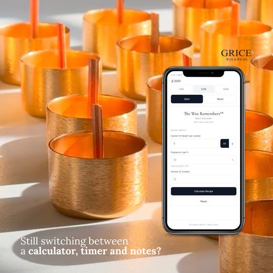 Batch calculator screen showing wax and fragrance measurements for candle making process
