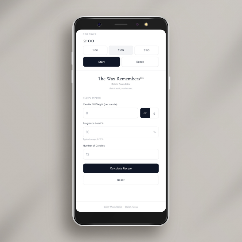Smartphone displaying a batch calculator app on a gray background