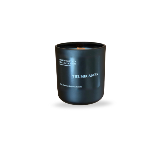 The Megastar candle in matte black vessel — Sharon Cuneta x Grice Wax & Wicks exclusive — coconut soy wood wick — luxury celebrity collaboration.