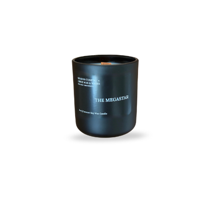 The Megastar candle in matte black vessel — Sharon Cuneta x Grice Wax & Wicks exclusive — coconut soy wood wick — luxury celebrity collaboration.