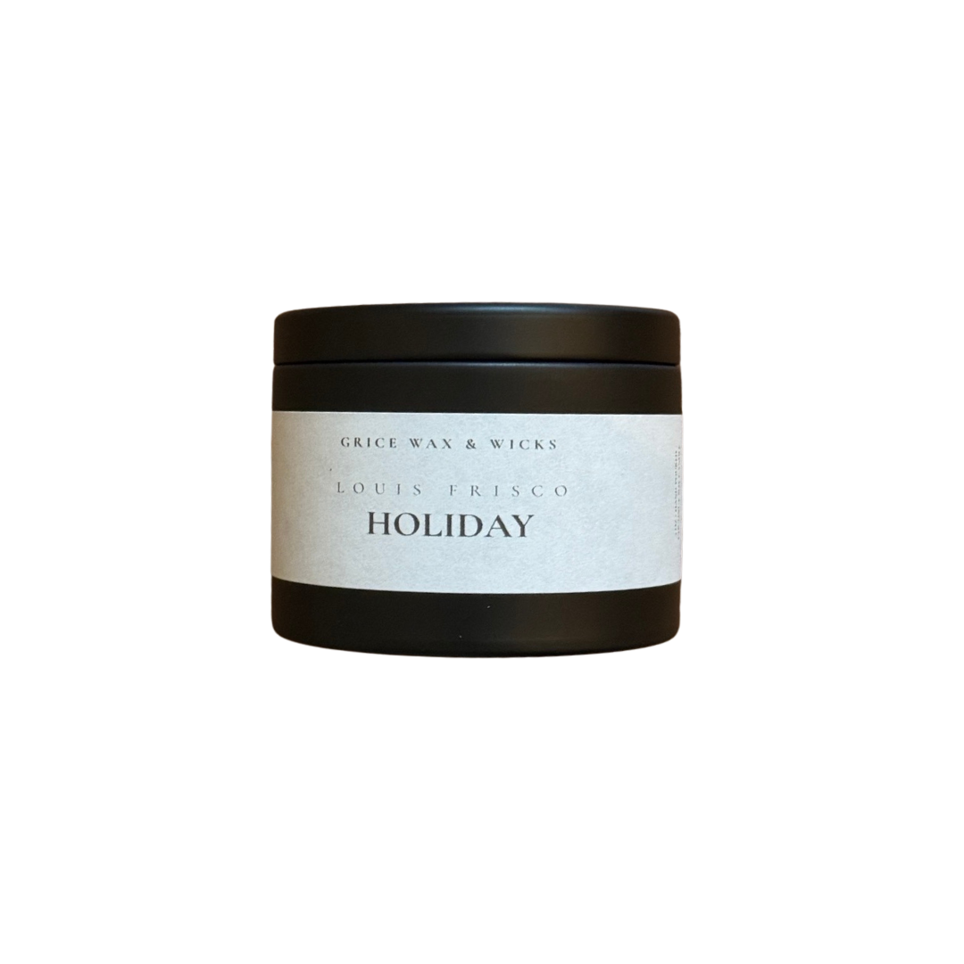 Louis Frisco HOLIDAY candle — luxury coconut soy with wood wick — white label black jar — Grice Wax & Wicks — warm seasonal fragrance hand-poured in Dallas.