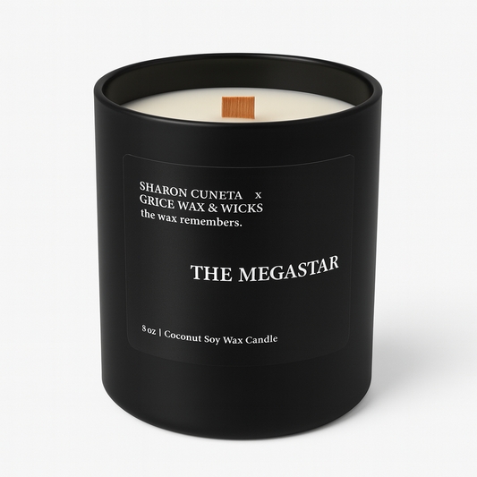 luxury Black candle with text on a white background sharon cuneta X grice wax & wicks