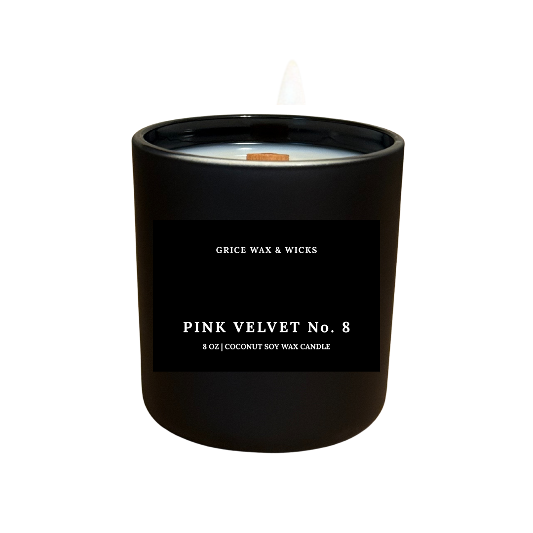 Black candle with 'Grice Wax & Wicks' branding and 'Pink Velvet No. 8' description on a white background