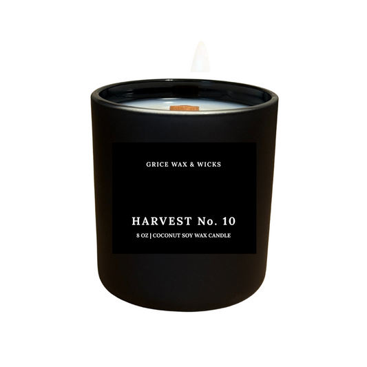 Black candle with 'Grice Wax & Wicks' label on a white background