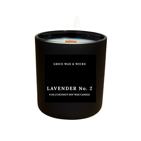 Black candle with 'Grice Wax & Wicks' branding and 'Lavender No. 2' label on a white background