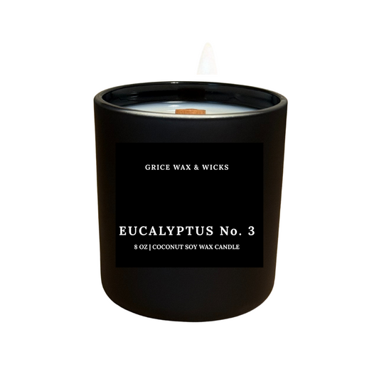 Black candle with 'Grice Wax & Wicks' branding and 'Eucalyptus No. 3' text on a white background