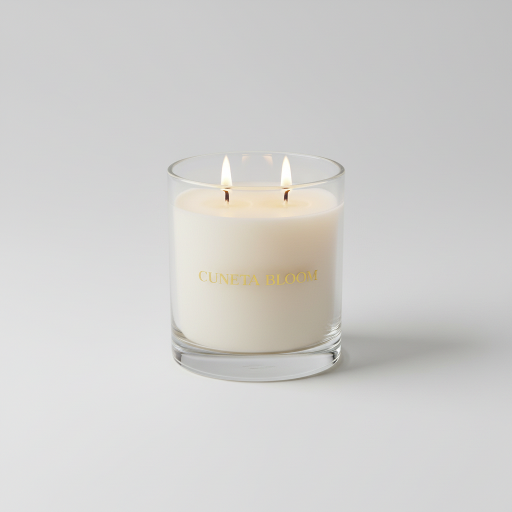 Cuneta Bloom luxury coconut-soy candle in clear glass with gold lettering and double cotton wicks, lit on a neutral cream surface