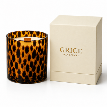 Autumn’s Grace fall candle in tortoise amber glass with ivory GRICE Wax & Wicks gift box.