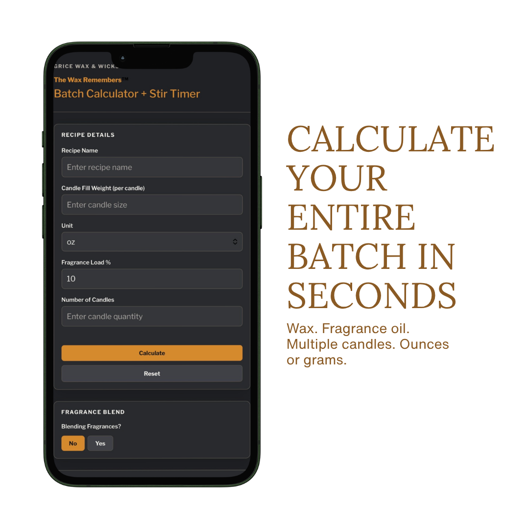 The Wax Remembers™ Batch Calculator + Stir Timer displayed on a laptop and smartphone, showing a candle batch calculator for wax, fragrance oil, candle quantity, and recipe planning.