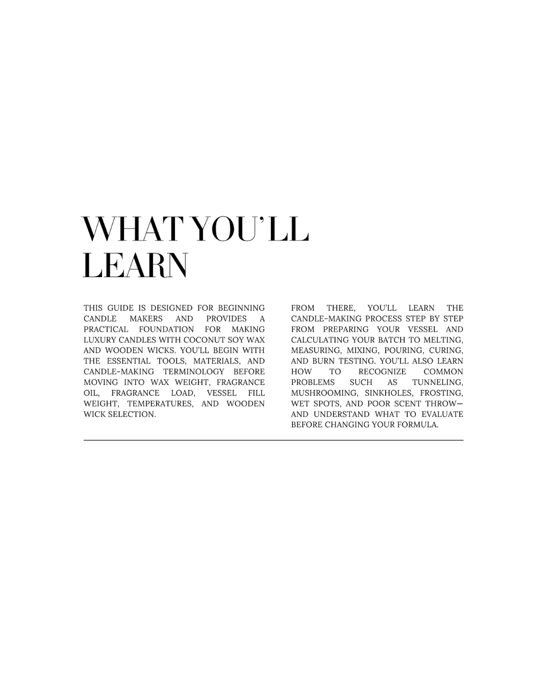 A page from a candle-making guide titled 'WHAT YOU'LL LEARN' with black text on a white background, outlining topics such as coconut soy wax, wooden wicks, melting, mixing, pouring, and curing.