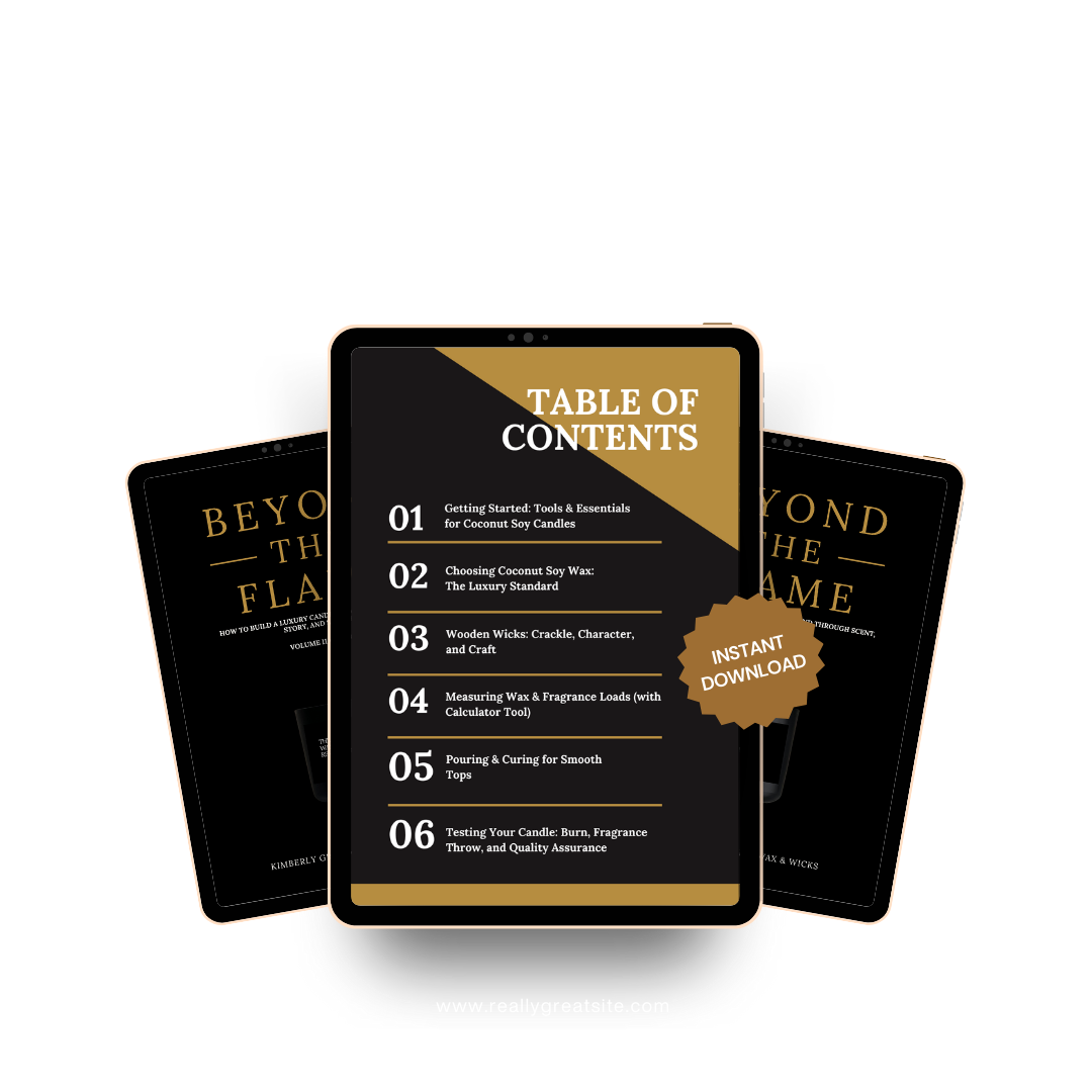 Tablet displaying a table of contents with 'Beyond the Flame' branding on a white background