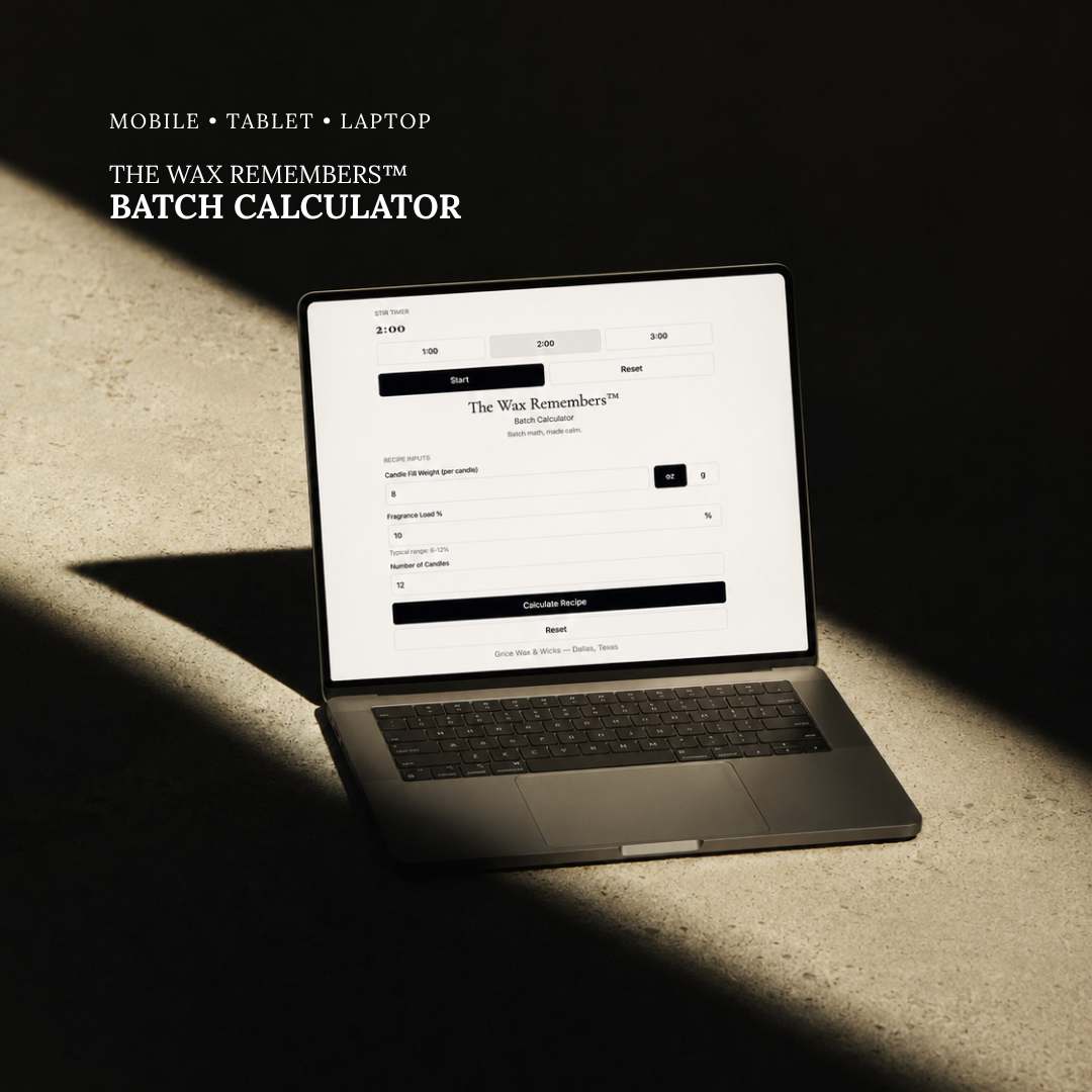 Laptop displaying 'The Wax Remembers' batch calculator on a textured surface with a dark background
