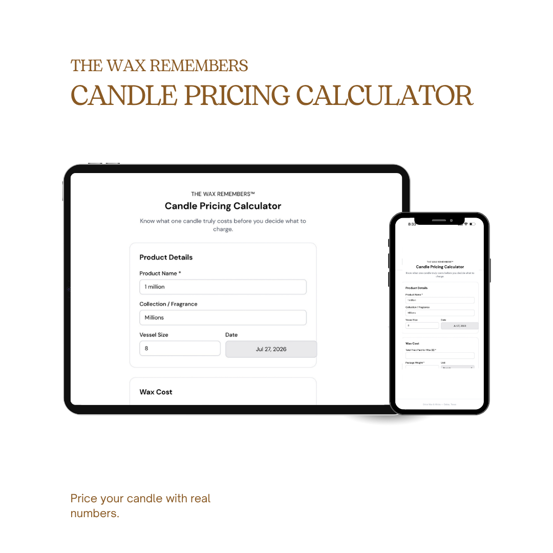 A digital promotional graphic for 'The Wax Remembers Candle Pricing Calculator,' shown on a tablet mockup against a light gray background with large title text above.