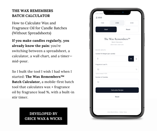 GRICE Wax and Wicks The Wax Remembers Batch Calculator and Stir Timer for Professional Coconut Soy Candle Making.