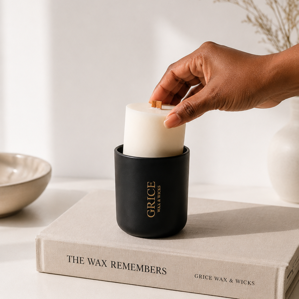 Hand lighting a candle in a black holder on a book with 'Grice' branding.
