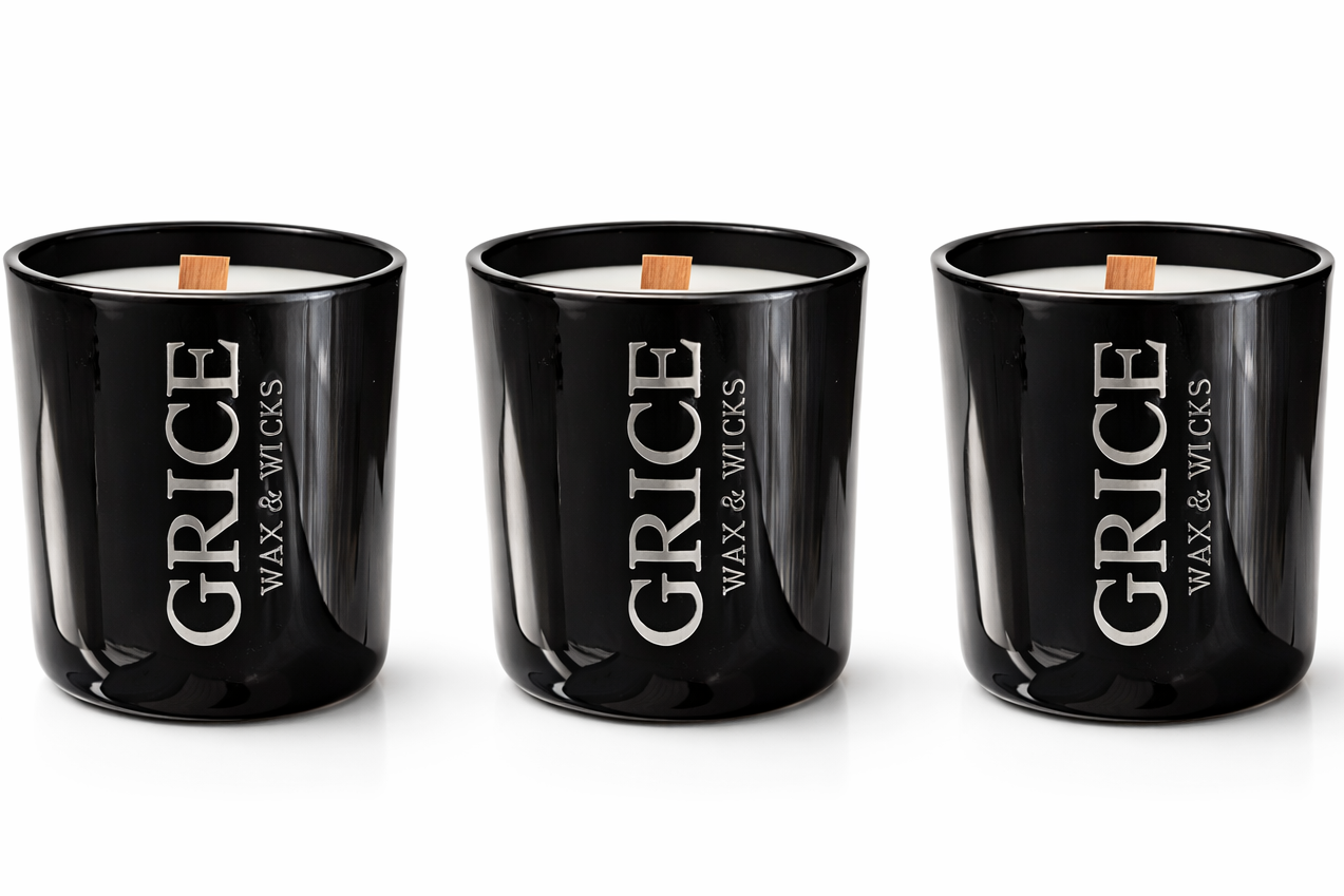 Three black candles with 'Grice Wax & Wicks' branding on a white background
