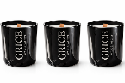 Three black candles with 'Grice Wax & Wicks' branding on a white background