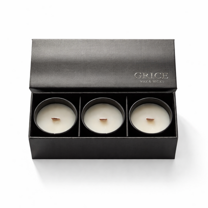 Set of three candles in a black box with 'Grice' branding on a white background
