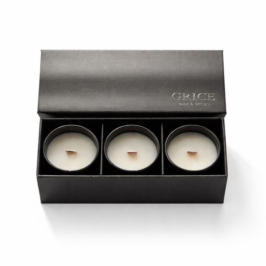 Set of three candles in a black box with 'Grice' branding on a white background