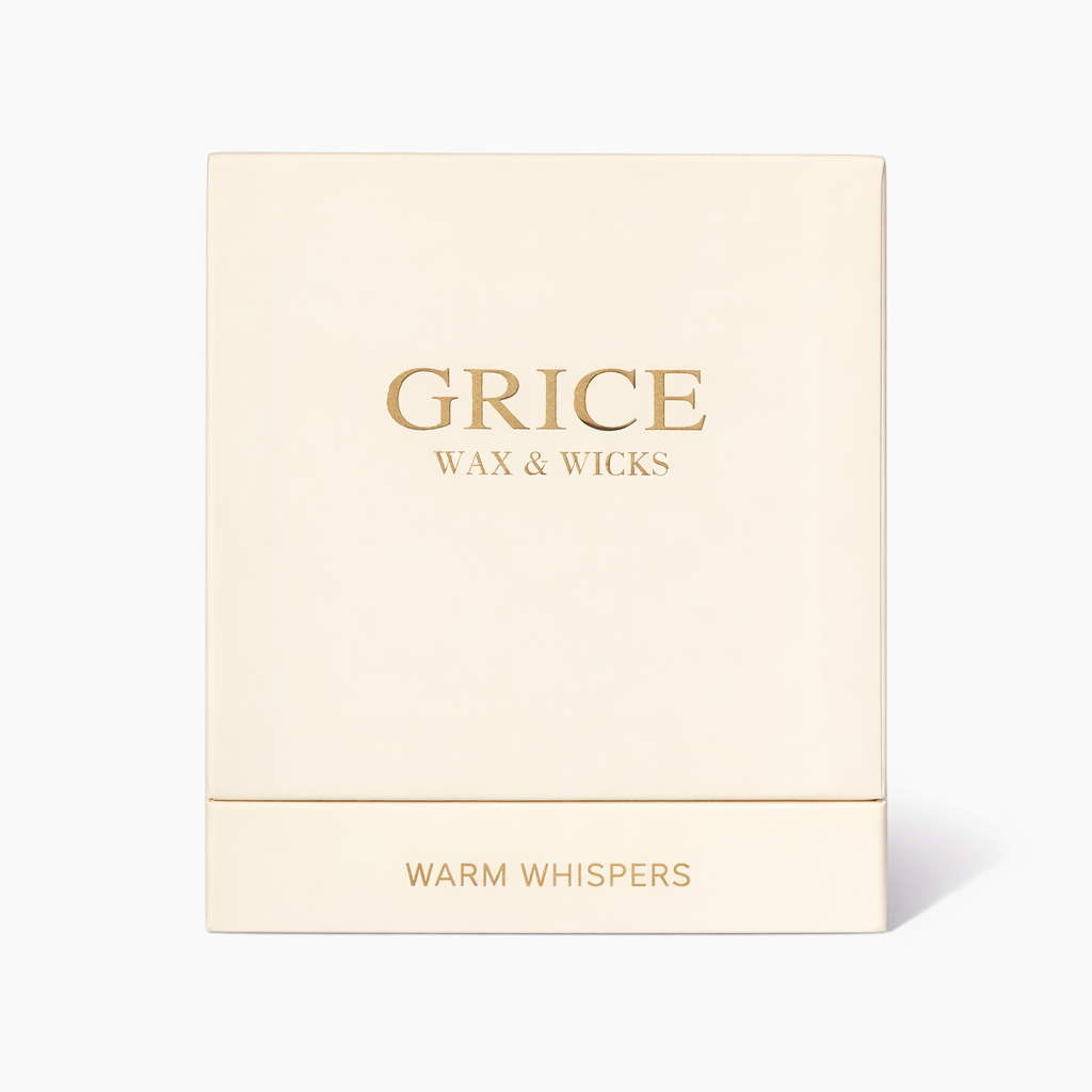 Cream-colored box with 'Grice Wax & Wicks' branding on a white background