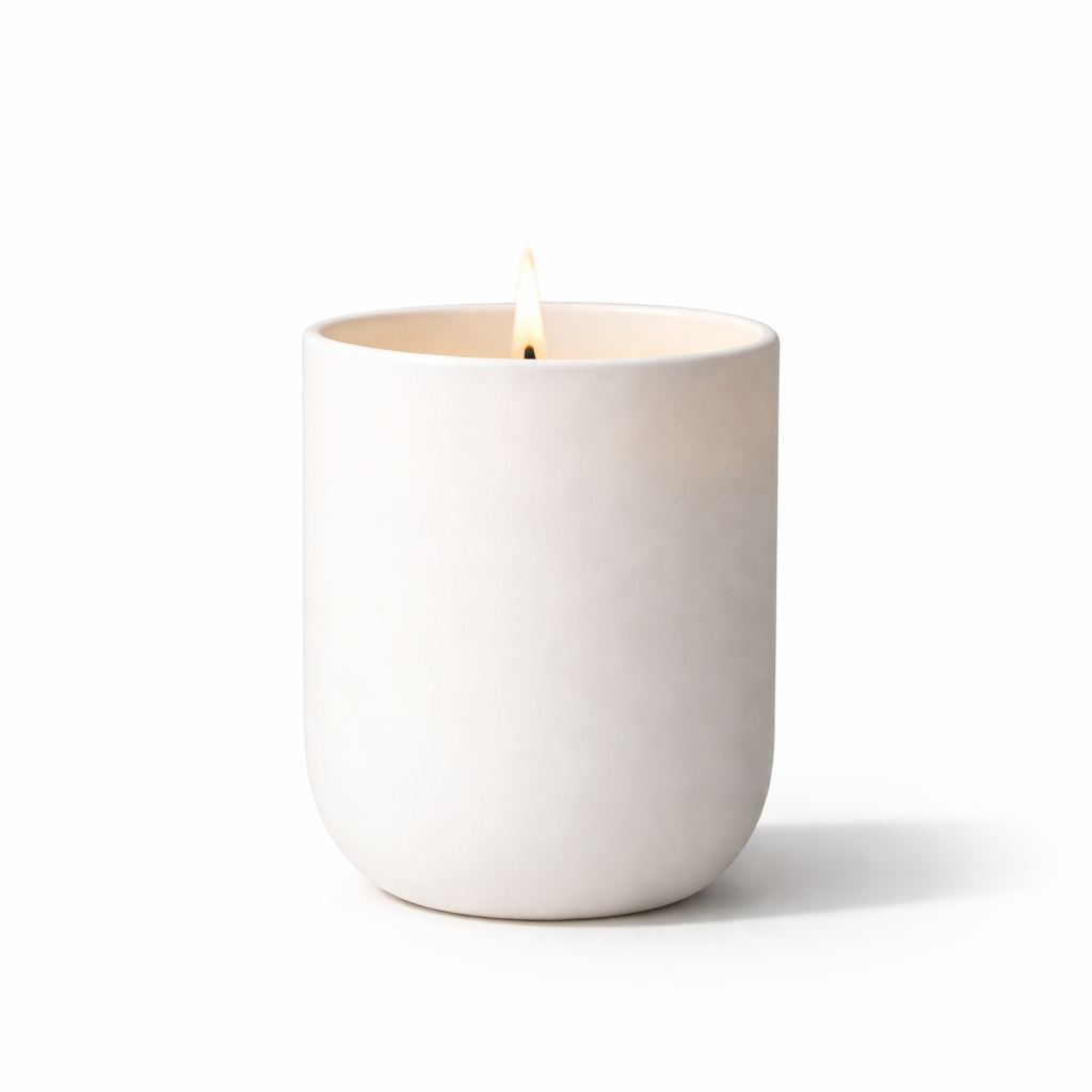White ceramic candle holder with a lit candle on a white background