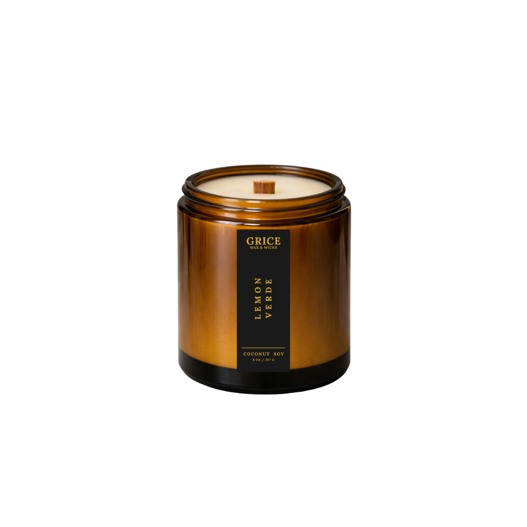 Brown candle in a glass jar with a black label on a white background by Grice Wax & Wicks 