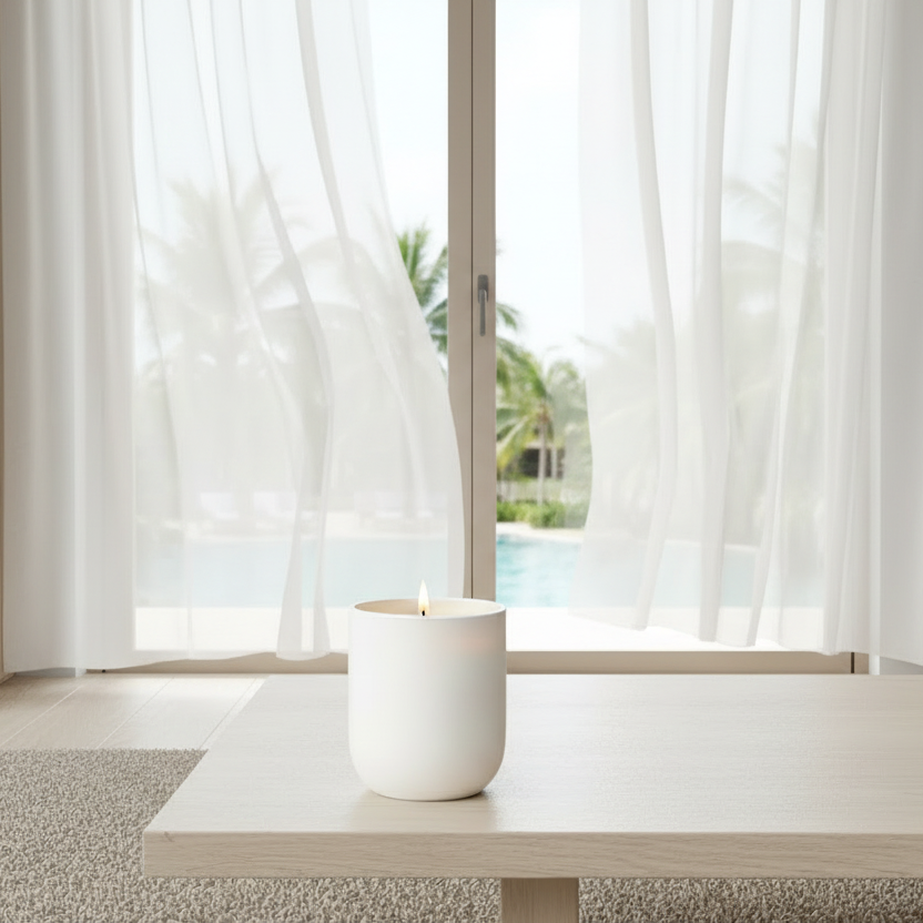 White ceramic candle holder with a lit candle on a white background