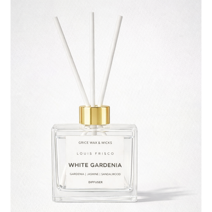 Diffuser bottle labeled 'White Gardenia' by Louis Frisco on a white background