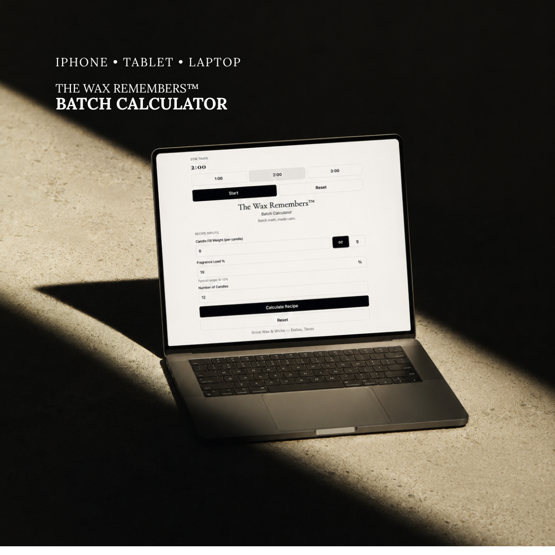 Laptop displaying 'The Wax Remembers' batch calculator on a textured surface with a dark background