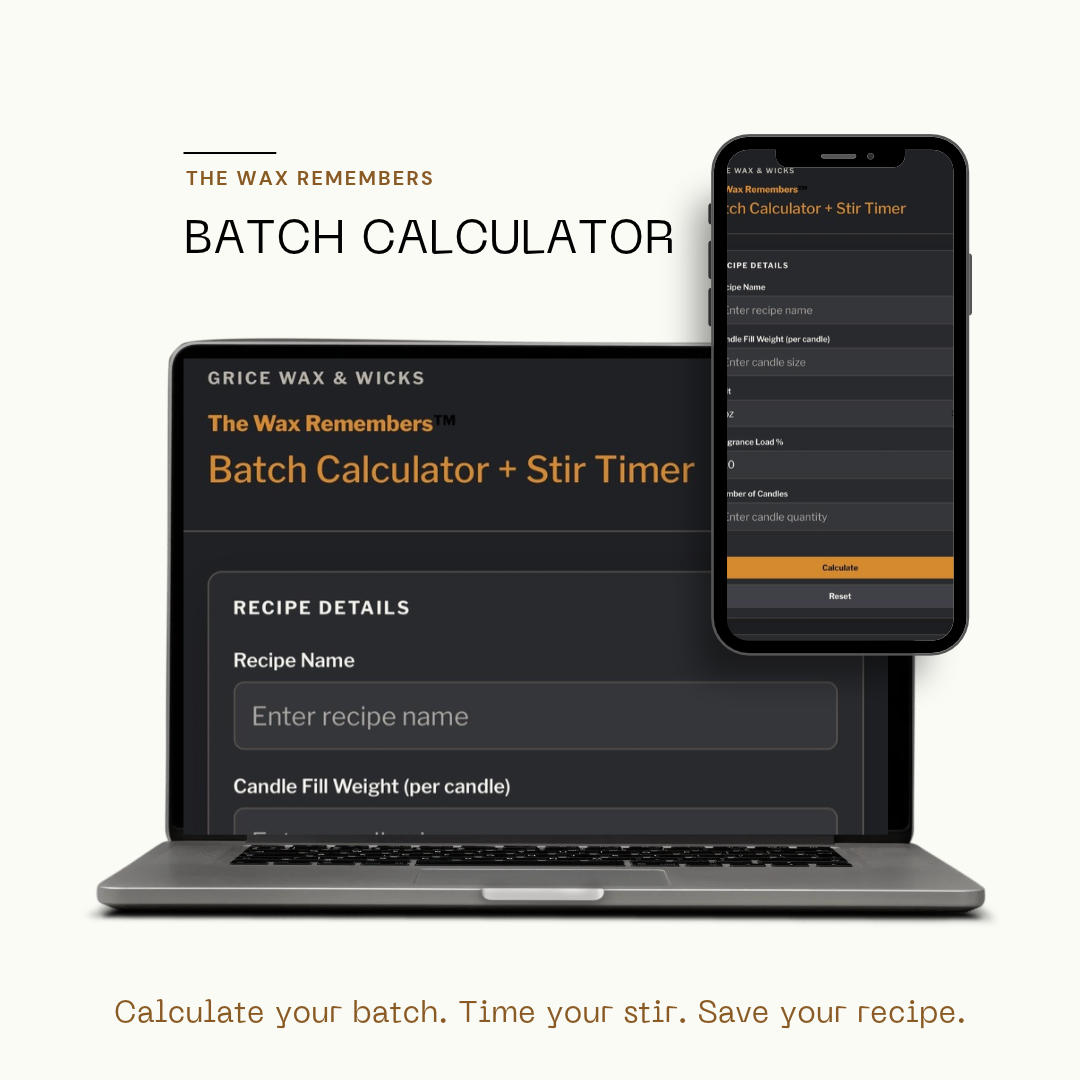 The Wax Remembers™ Batch Calculator + Stir Timer displayed on a laptop and smartphone, showing a candle batch calculator for wax, fragrance oil, candle quantity, and recipe planning.
