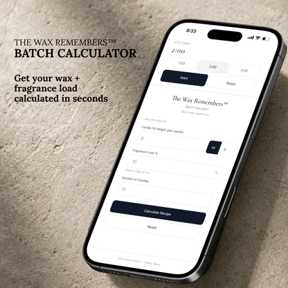 Smartphone displaying 'The Wax Remembers' batch calculator app on a textured surface