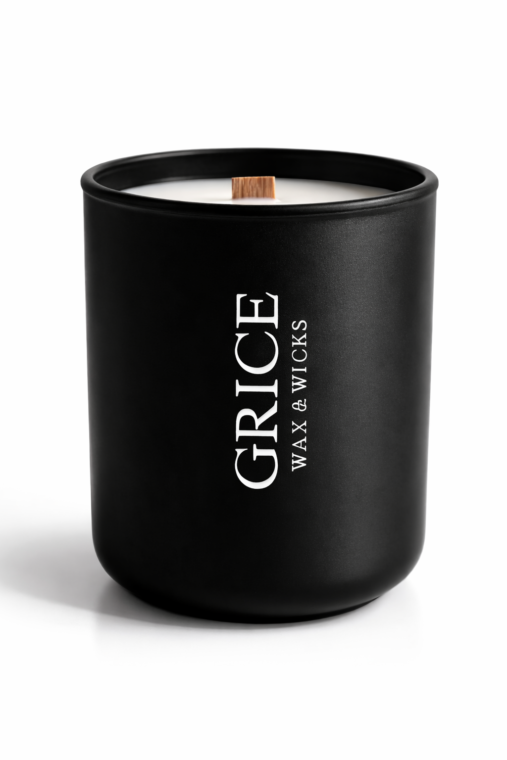 Black candle with 'Grice Wax & Wicks' branding on a white background