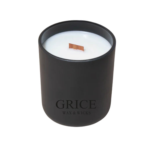 Luxury black matte candle jar with coconut soy wax and wooden wick, featuring GRICE Wax & Wicks logo.