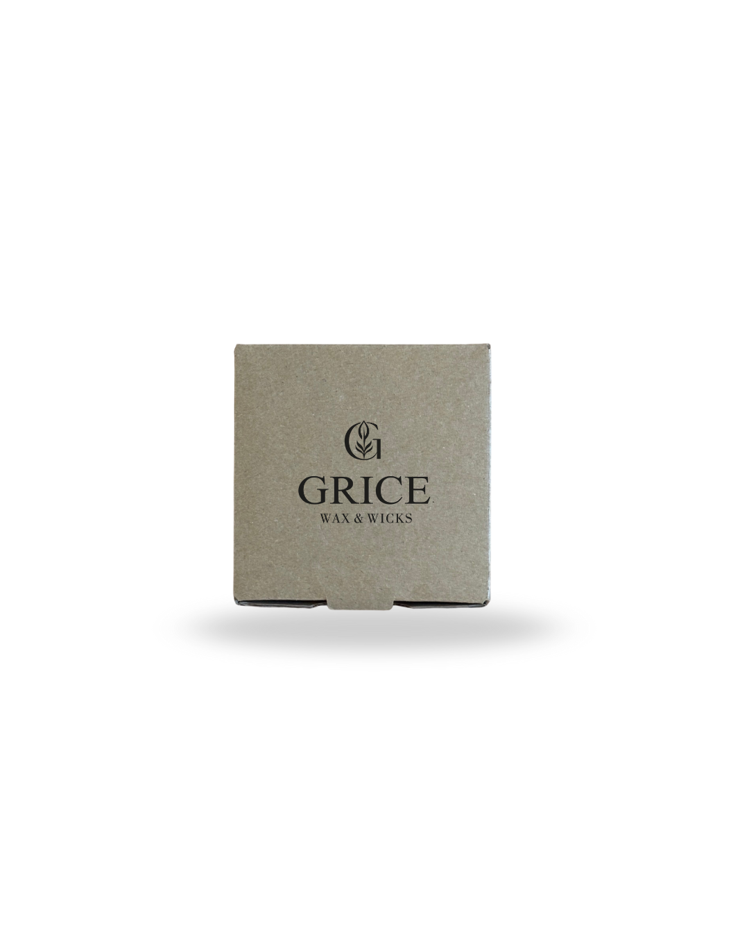 Square kraft box with 'Grice Wax & Wicks' branding on a white background