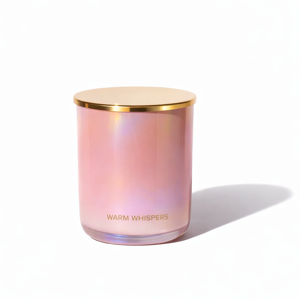 Pink candle with gold lid labeled 'Warm Whispers' on a white background, clean fragrance by Grice Wax & Wicks