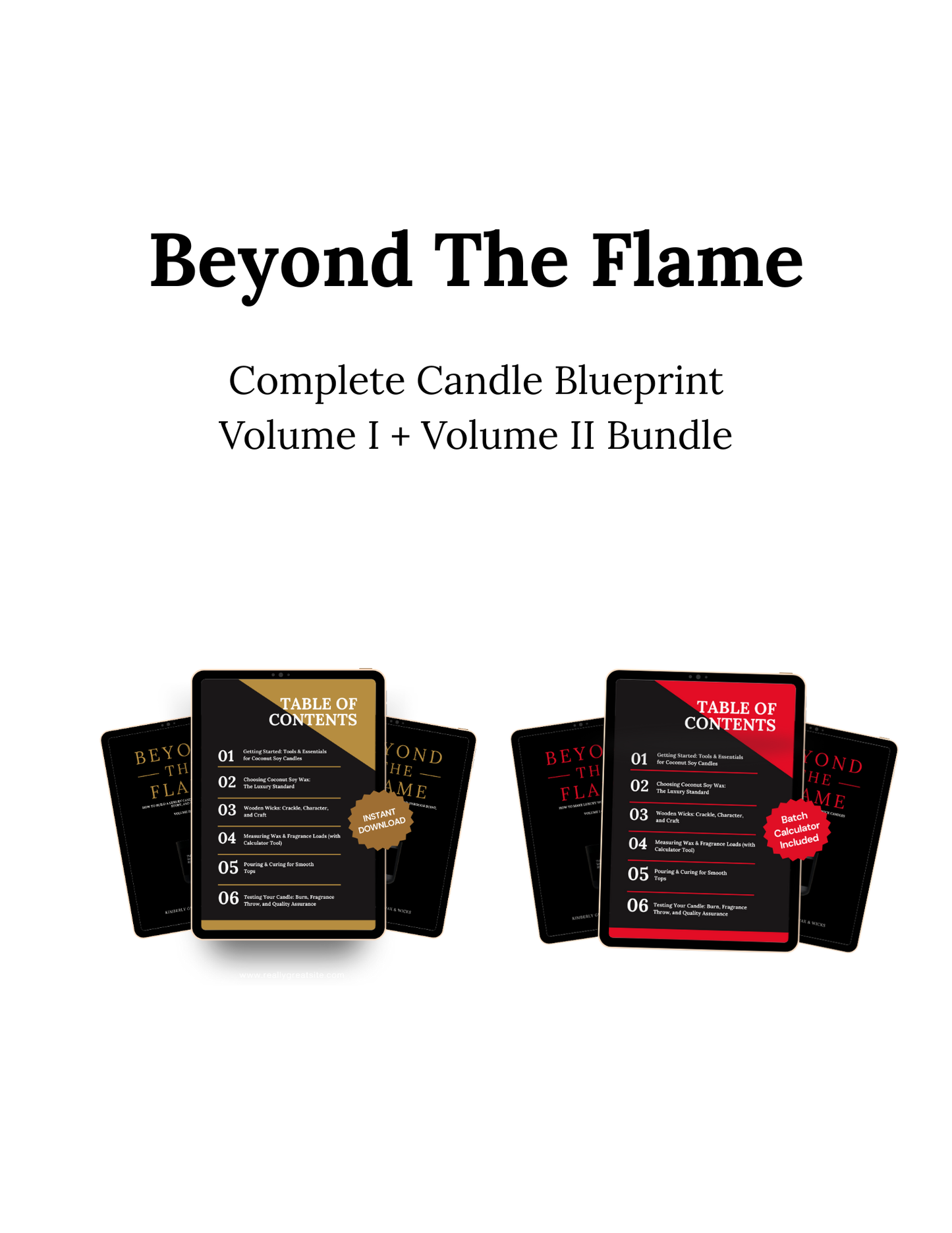 Beyond the Flame candle-making ebook bundle on a white background — Volume I and Volume II for building a clean candle brand